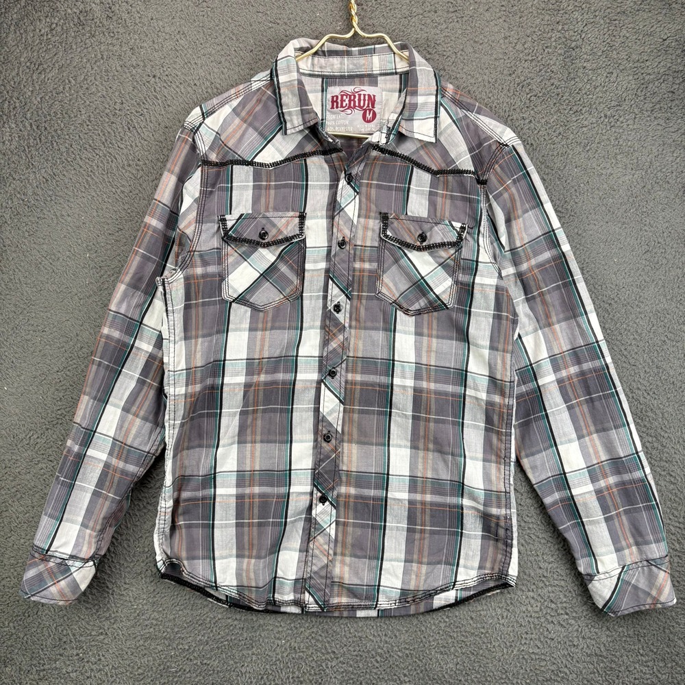 Rerun Mens Medium Plaid Western Pearl Snap Long Sleeve Shirt Gray Green Orange